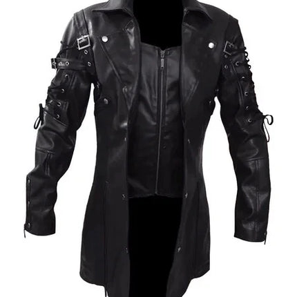 New Steampunk Men's Gothic Trench Coat Leather Jacket Punk Style Biker Jacke Autumn Winter Motocycle Jacket