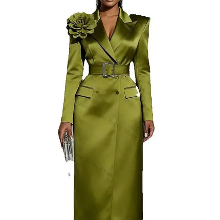 Green Satin Women Suit 1 Pcs Long Blazer Prom Dress Belted 3D Flower Formal Office Lady Jacket Customized Guest Wedding Coat