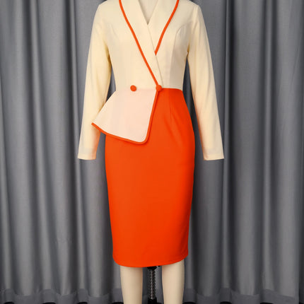 Women Elegant Color Block Elegant Dresses Turn Down Collar Long Sleeves Asymmetric Hem High Waist Slim Party Office Lady Gowns