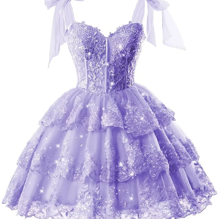Sparkly Tiered Lace Tulle Homecoming Dresses Short Bow Straps Formal Prom Gowns Sweet 16