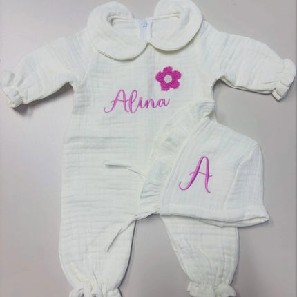 Personalized Baby Romper Babygrow Custom Embroidered Pit De Velvet Infant One Piece Set with Matching Hat Name Baby Outfit