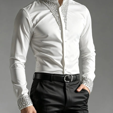 Luxury Rhinestone Shirt for Men Mandarin Stand Collar Crystal Embellished Cuff Long Sleeve Slim Fit Party Wedding Formal Blouse