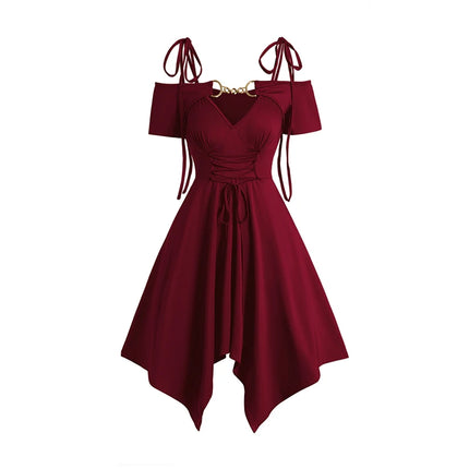 Women Black Dresses Cold Shoulder Lace Up Asymmetric Dress Tie Knot Shoulder Chain Solid Color Short Sleeve Dress