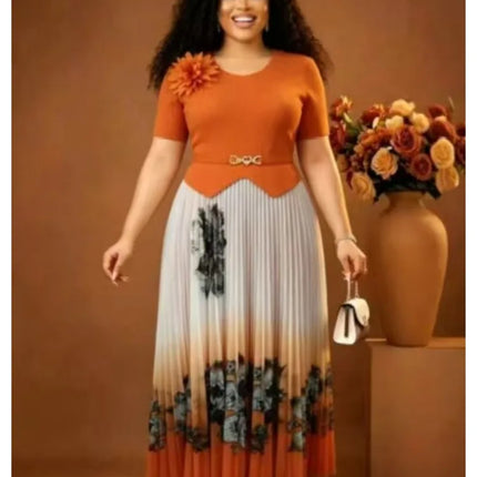 Miyake 2026 Summer New Fashion Design Sense Waist Printing Color Matching Big Pendulum Dress Elegant Women's Clothing