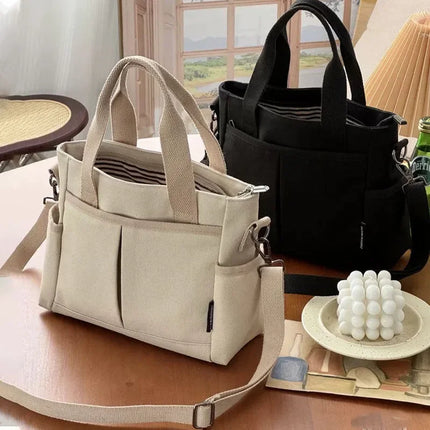 Multiple Pockets Women's Canvas Bag Tote Shoulder Bag Large Capacity Casual Handbag For Female