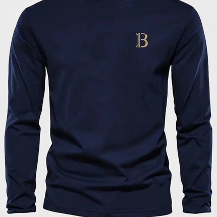 Men's 100% pure cotton loose and fashionable letter pattern printed sports and leisure round neck long sleeved T-shirt