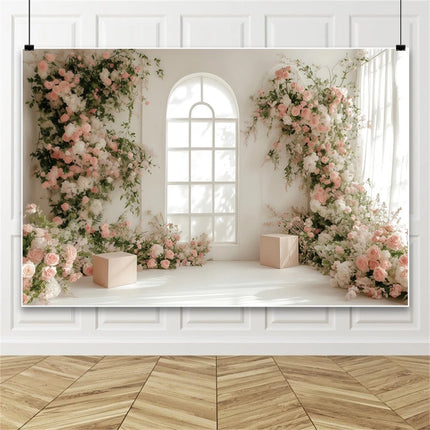 European Castle Window Wedding Backdrop Elegant Pink Rose Floral Arched Wall Photography Background for Birthday Party Decor