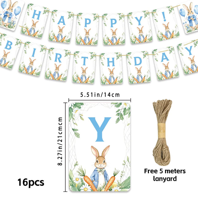 16pcs Peter Rabbit Birthday Banner Set, Simple Design Decorations, Room Decoration, Party Supplies, Holiday Celebrations