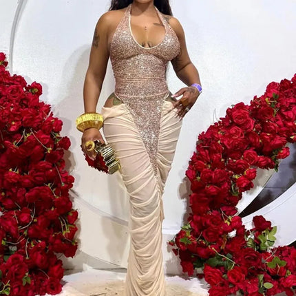 Sexy Glitter Sequins Party Evening Dresses Women Luxury Celebrity Sheer Mesh Patchwork Cut Out Formal Ruched Bodycon Maxi Dress