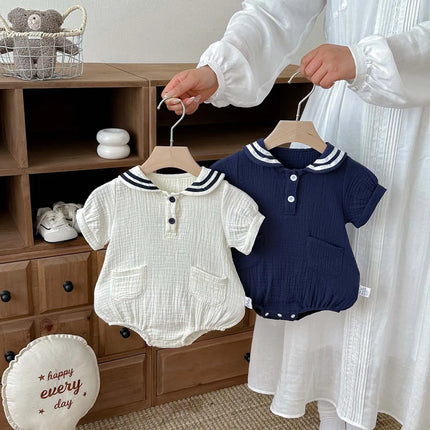 Summer Baby Boys and Girls Navy Collar Short-Sleeved Jumpsuit Newborn Fashion Large Lapel Jumpsuit for Going Out