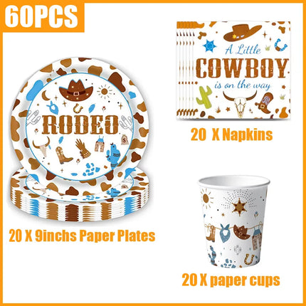A Little Cowboy Baby Shower Decor Set, My First Rodeo Western Themed Disposable Tableware Kit for Boys 1st Birthday Party