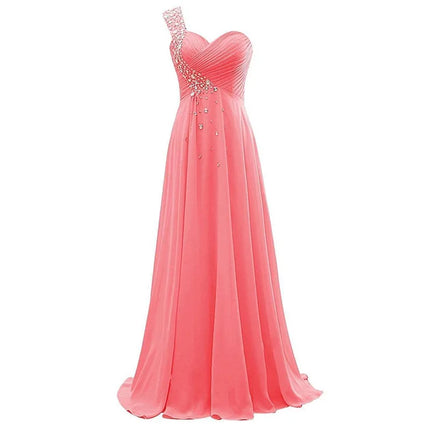 A Line Chiffon One Shoulder Bridesmaid Dresses Crystals Beading Pleat Elegant Wedding Party Formal Prom Evening Corset Back