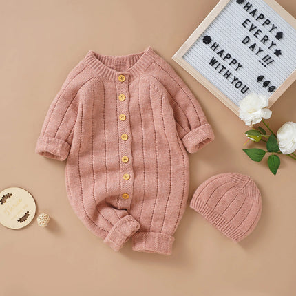2022-06-29 Lioraitiin Infant Winter Jumpsuit and Cap, Solid Color Long Sleeve Single-breasted Knitted Romper, 0-18 Months