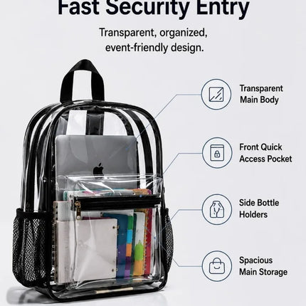Clear Backpack Heavy Duty Transparent PVC Bookbag Stadium Approved Security Fast Checks For School College Work Music Festival