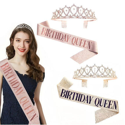 Bling Rhinestone Crystal Crown Birthday Anniversary Decoration Happy Birthday Queen Satin Sash Party Supplies