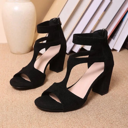 Women's High-Heeled Sandals Vintage Suede Casual Ankle Sandals Summer Open-toe Fish Mouth Sandals Summer Women's Roman Sandalias