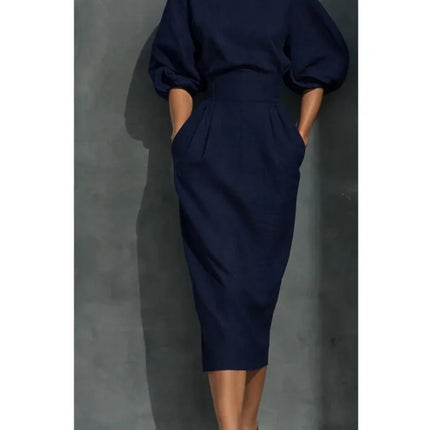 Elegant Women O-neck Lantern Sleeve Pocket Midi Dress Spring Summer Fashion Solid High Waist Pleated Wrap Hip Holiday Dresses