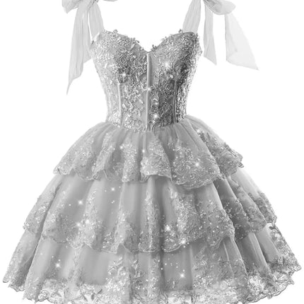 Sparkly Tiered Lace Tulle Homecoming Dresses Short Bow Straps Formal Prom Gowns Sweet 16
