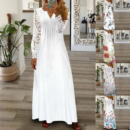 Spring/Summer Fashion Women's Long Sleeve Printed Lace Dresses Elegant Woman White V-neck Slim Fit Party Long Maxi Vestidos 3XL