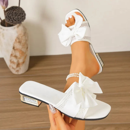 2026 Summer New Elegant Bow Decor Women's Heeled Mules Fashion Solid Color Square Toe Hollow Out Women Shoes Сандали Женские