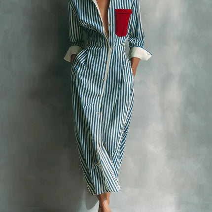 Elegant Striped Print Shirt Dress for Women Casual Turn Down Collar Color Blocking Pocket Long Dresses New Trendy Graceful Robe