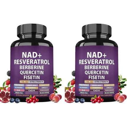 NAD+ Resveratrol Supplement with Berberine Quercetin Fisetin CoQ10 Vitamin C D3, 60 Vegan Capsules for Daily Nutrition Support