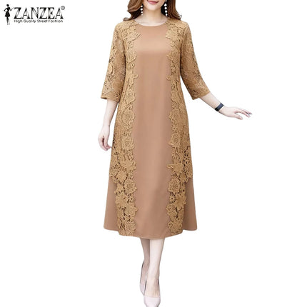 ZANZEA Women Stylish Lace Patchwork Dresses 2025 Autumn 3/4 Sleeve Office Sundress Embroidered Midi Robe Elegant Party Dress