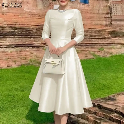 ZANZEA Elegant Satin Black Party Midi Dresses Women's Boatneck 3/4 Sleeve Fit and Flare A-Line Dress Wedding Guest Woman Clothes