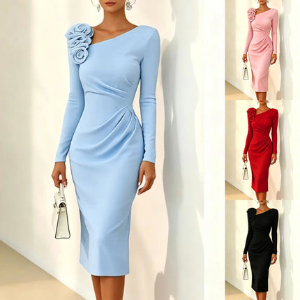New Long Sleeve Dresses for Women Slim Skew Collar Women Dress Tie Flowers Pencil Dress Women Vestidos De Verano Mujer