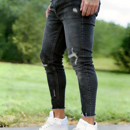 Trendy Products in Europe And America, Men'S Retro Trendy Ripped Jeans, Men'S Skinny Stretch Jeans, American Casual Street Style, Versatile Black, Distressed Details, Suitable for All Seasons, Fashionable Jeans