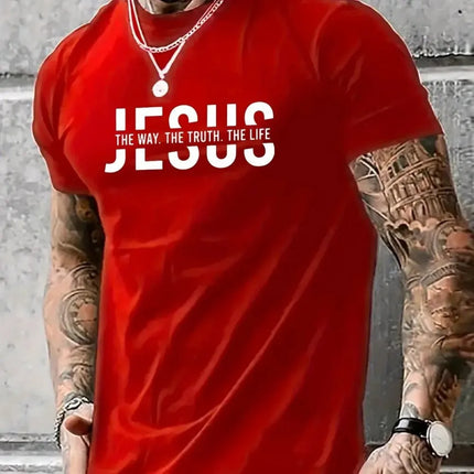 Summer men's polyester fiber casual loose round neck T-shirt Jesus Way Truth Life letter printed outdoor sports top