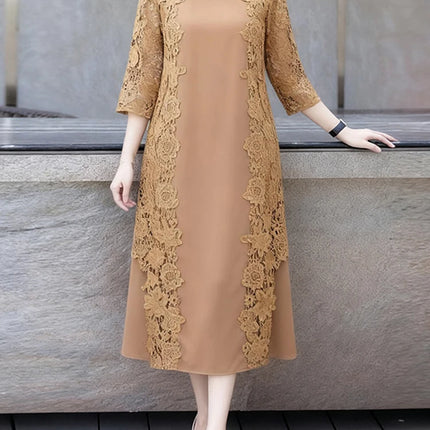 ZANZEA Women Stylish Lace Patchwork Dresses 2025 Autumn 3/4 Sleeve Office Sundress Embroidered Midi Robe Elegant Party Dress