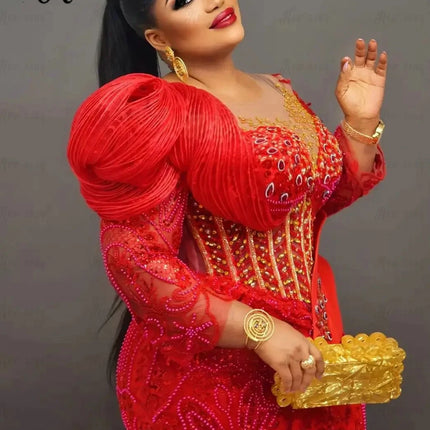 Luxury Red Long Party Dress Beaded Sequins Aso Ebi Bride Evening Night Gown for Wedding Custom Plus Size Prom Dresses Customized