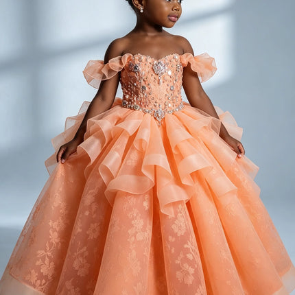 Orange Girls Birthday Party Dresses Customized Beading Lace Princess Flower Girl Dresses for Wedding Baby Kids Pageant Dress
