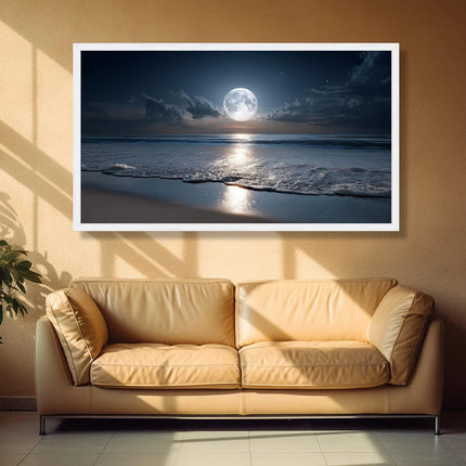 Full Moon Ocean Reflection Canvas, Night Beach Wall Art, Serene Seascape Canvas Print, Tranquil Coastal Decor, No Frame