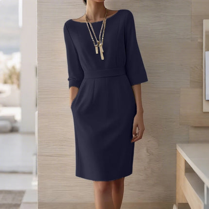 ZANZEA Fashion Solid Party Dresses Women 3/4 Sleeve Elegant Robe 2025 Casual O-Neck Collect Waist Knee-Length Office OL Vestidos