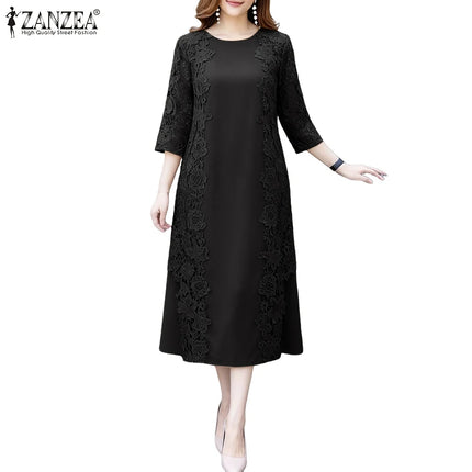 ZANZEA Women Stylish Lace Patchwork Dresses 2025 Autumn 3/4 Sleeve Office Sundress Embroidered Midi Robe Elegant Party Dress