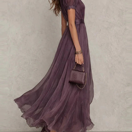 Vintage Solid Lace A-Line Long Dress Women's O Neck High Waist Pleated Party Dress Summer Short Sleeve Flowy Maxi Dresses