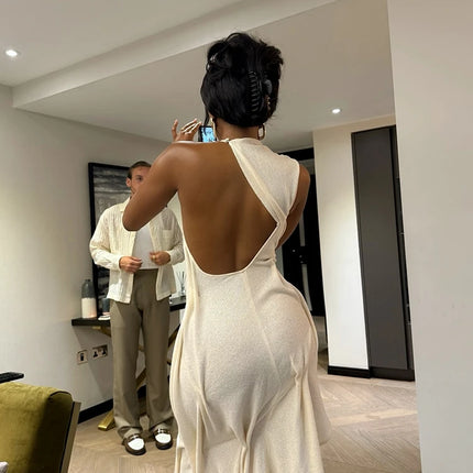 Romantic Soft Halter Maxi Dress Ruched Asymmetrical Women Dresses Anniversary Dinners Vacation Elegant Female Party Wear