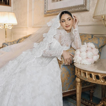 Lace Wedding Dresses High Neck Long Sleeve A Line Bride Dress Sweep Train Princess Bridal Gown Vestido De Novia Customized