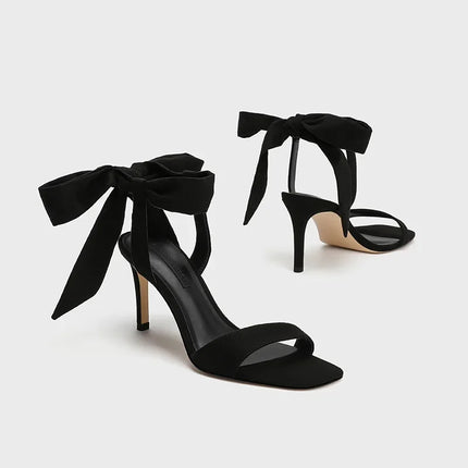 European and American Summer New Ankle Strap Women's Slim High-heeled Sandals Fashionable and Sexy Bow Party Wedding Sandals 40