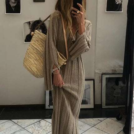 Longer Dress Women Wool Jumpers Winter Fashion V-Neck Knitwears Full Sleeve Ladies Dresses ribbed knit midi dress