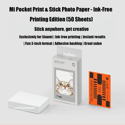 Original Xiaomi ZINK Pocket Printer Paper Self-adhesive Photo Print 50pcs Sheets Xiaomi 3-inch Mini Pocket Photo Printer