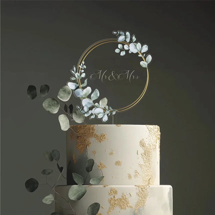 Multicolor Happy Birthday Cake Toppers Acrylic MR&MRS Wedding Cake Toppers Transparent Floral Leaves Pattern