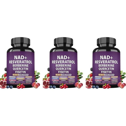 NAD+ Resveratrol Supplement with Berberine Quercetin Fisetin CoQ10 Vitamin C D3, 60 Vegan Capsules for Daily Nutrition Support