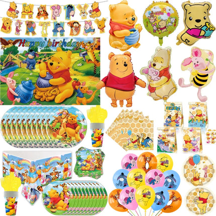 Winnie The Pooh Balloons Happy Birthday Banner Decoration Yellow Bear Party Supplies Backdrop Cake Topper Disposable Tableware