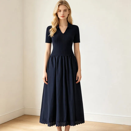 ZJYT Fashion Women's Knitted Patchwork Summer Dresses 2026 New Short Sleeve V Neck Casual Mid Calf Dress Female Vestidos Clothes