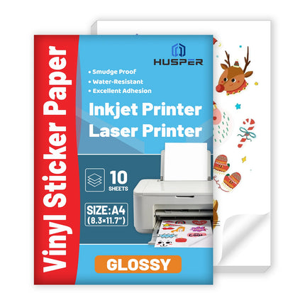 10 Sheets Glossy White Vinyl Sticker Sheets - A4 Size (8.3 x 11.7 inches), Self-adhesive, Waterproof, Inkjet & Laser Printing