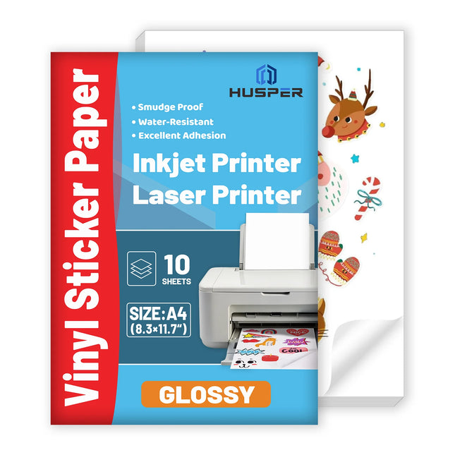10 Sheets Glossy White Vinyl Sticker Sheets - A4 Size (8.3 x 11.7 inches), Self-adhesive, Waterproof, Inkjet & Laser Printing