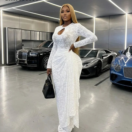CM.YAYA Women O-neck Ribbon Ruched Long Sleeve Bodycon Maxi Long Dress 2026 Summer Sexy Birthday Party Vacation Trendy Dresses